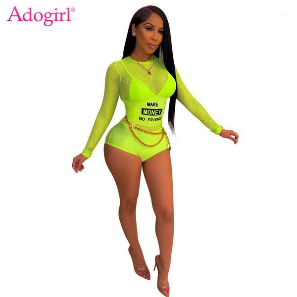 adogirl letter print sheer mesh jumpsuit o neck long sleeve backless shorts playsuit women romper summer nightclub bodysuits1, Black;white