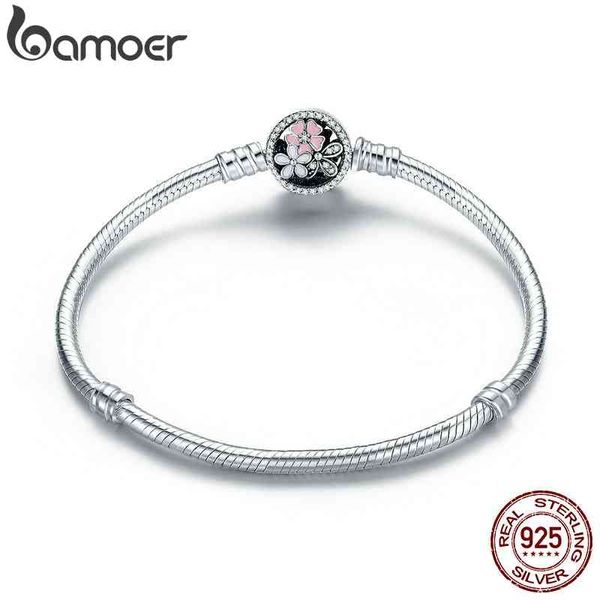

bracelet bamoer authentic 925 sterling silver poetic daisy cherry blossom mixed enamels & clear cz snake chain bracelet jewelry pas919, Golden;silver