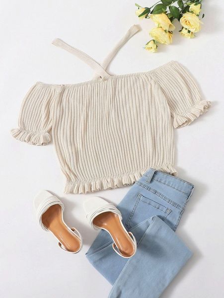 plus ribbed knit frill trim knit l2gw#, Black
plus ribbed knit frill trim knit l2gw#, Black