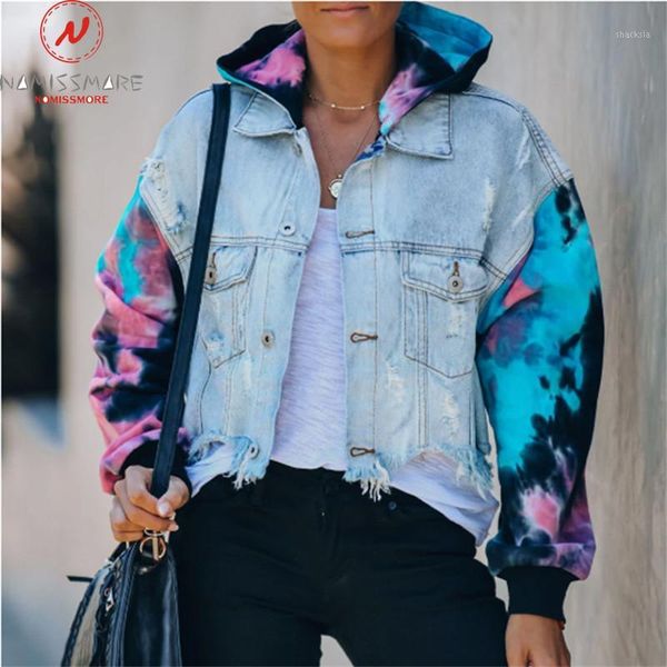 women autumn denim jacket hollow out single-breasted design hoodied decor long sleeve contrast print casual loose short coat1, Black;brown
women autumn denim jacket hollow out single-breasted design hoodied decor long sleeve contrast print casual loose short coat1, Black;brown
