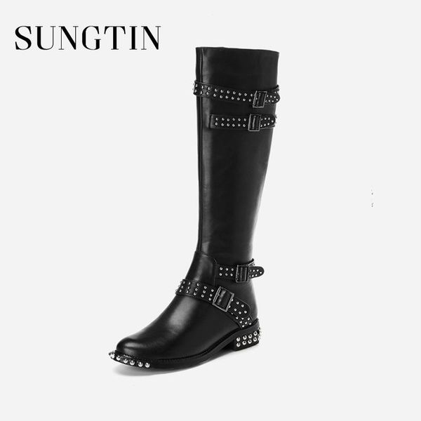 sungtin classic riding boots women rivet buckle gladiator long boots lady genuine leather knee-high, Black