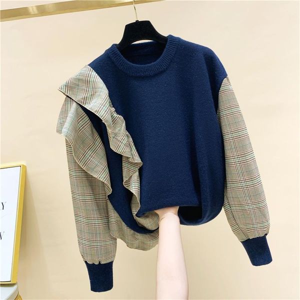 women's sweaters deat 2021 autumn plaid patchwork ruffle round neck pullover women loose long sleeve knitted sweater rc184, White;black
women's sweaters deat 2021 autumn plaid patchwork ruffle round neck pullover women loose long sleeve knitted sweater rc184, White;black
