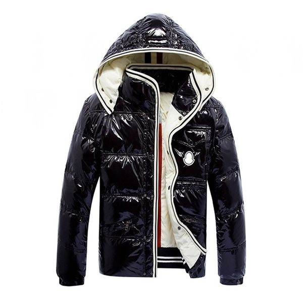 forever classic fashion hooded detachable hat men's winter down jacket long sleeve keep warm shiny fabric black and blue 201114