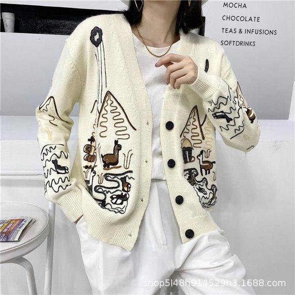 women's knits & tees south korea east gate autumn knitted cardigan japanese sweater coat women loose wear spring and v-neck jacket, White