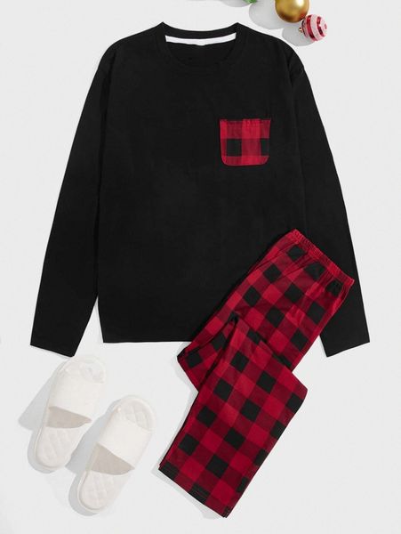 men buffalo plaid pocket front pj set a6oq#, Black;brown