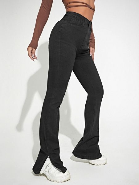 high waist split hem jeans a1mw#, Blue
