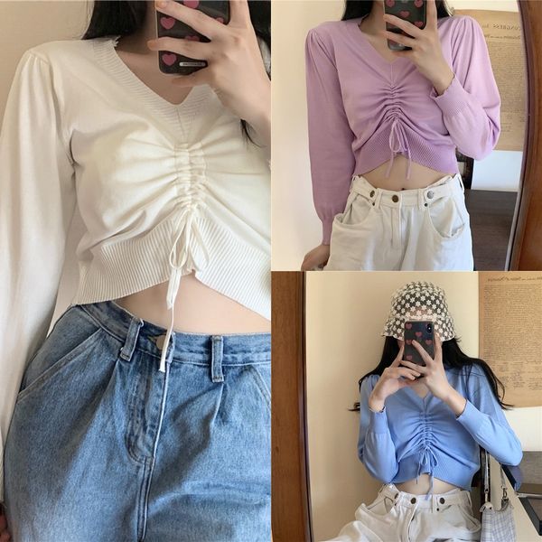 early autumn knitted women's long sleeve sweater short open navel slim fit machine design drawstring v-neck sweater bottoming shirt, White;black
early autumn knitted women's long sleeve sweater short open navel slim fit machine design drawstring v-neck sweater bottoming shirt, White;black