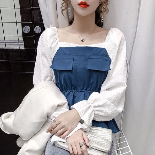 2021 new spliced square collar puff sleeves solid blouse korean style casual female clothes autumn women aouq, White
2021 new spliced square collar puff sleeves solid blouse korean style casual female clothes autumn women aouq, White
