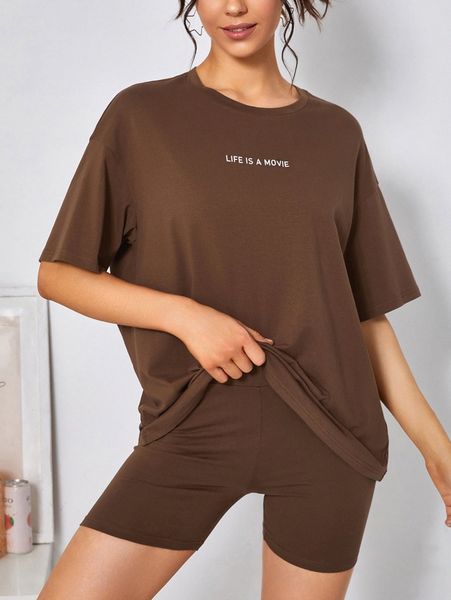 drop shoulder slogan graphic & biker shorts p8f0#, White