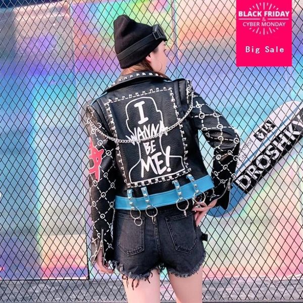 women's leather & faux autumn winter fashion women jacket personality chain rivet pu coat female long-sleeved graffiti streetwear outwe, Black
women's leather & faux autumn winter fashion women jacket personality chain rivet pu coat female long-sleeved graffiti streetwear outwe, Black