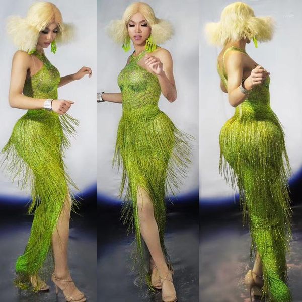 green fringes long dress rhinestone tassel dance outfit wear singer nightclub show evening birthday celebrate dresses dt0011, Black;red 
green fringes long dress rhinestone tassel dance outfit wear singer nightclub show evening birthday celebrate dresses dt0011, Black;red