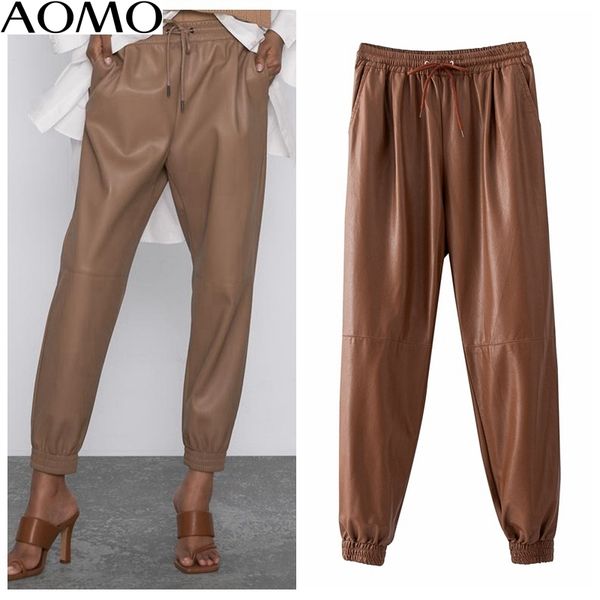 aomo women brown pu leather za harm pants bow stretch waist female 2020 high street pants trousers lj201103, Black;white
aomo women brown pu leather za harm pants bow stretch waist female 2020 high street pants trousers lj201103, Black;white