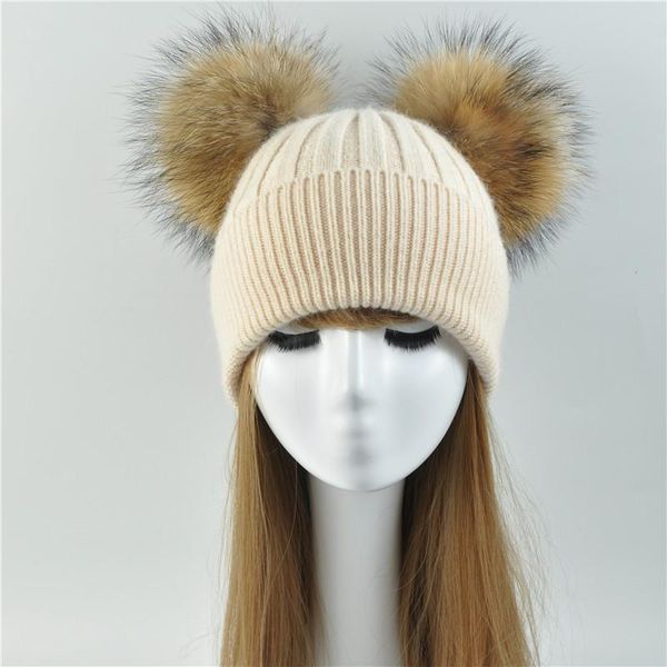 beanie/skull caps double fur pom women winter hat female wool removable ball knitted beanie cap with 2 natural color raccoon pompon, Blue;gray