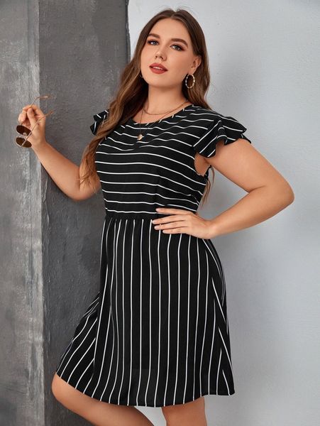plus pinstriped ruffle trim smock dress g2rn#, Black