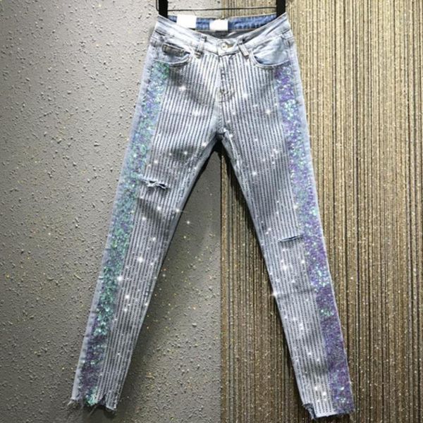 2020 spring autumn new high waist skinny jeans women stretch fashion heavy work sequins drilling hole pencil jeans1, Blue
2020 spring autumn new high waist skinny jeans women stretch fashion heavy work sequins drilling hole pencil jeans1, Blue