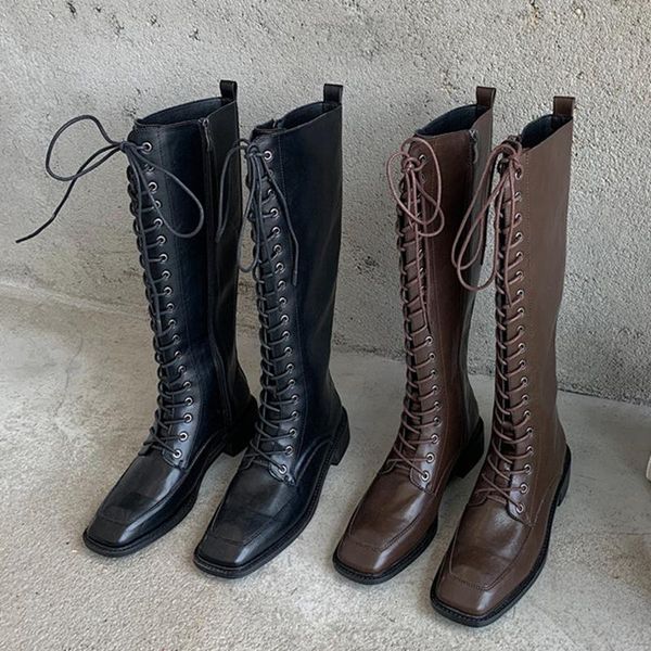 boots 2021 winter women knee high flat lady low heels riding botas square toe lace up long thigh gothic shoes, Black
boots 2021 winter women knee high flat lady low heels riding botas square toe lace up long thigh gothic shoes, Black