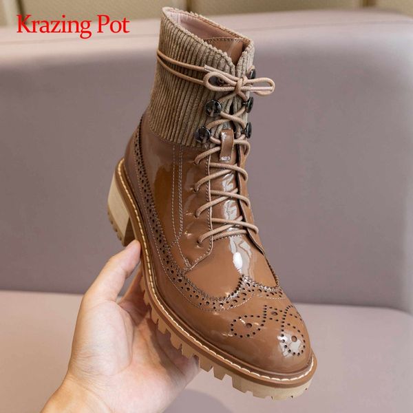krazing pot motorcycle boots patent leather knitting british design round toe thick high heel lace up coolest ankle boots l57, Black
krazing pot motorcycle boots patent leather knitting british design round toe thick high heel lace up coolest ankle boots l57, Black