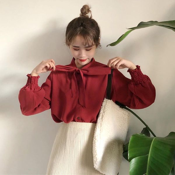 women's blouses & shirts college style bow lace up long sleeve casual wild solid color chiffon female women blouse sweet fairy, White
women's blouses & shirts college style bow lace up long sleeve casual wild solid color chiffon female women blouse sweet fairy, White