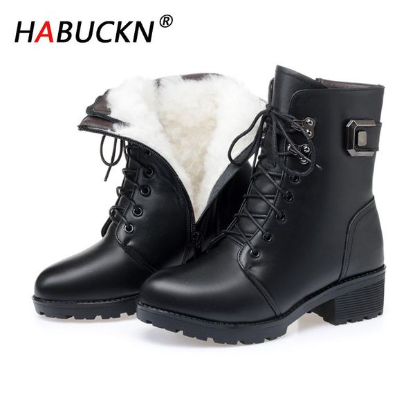 boots habuckn women bare 2021 genuine leather female natural wool warm winter naked woman shoes, Black
