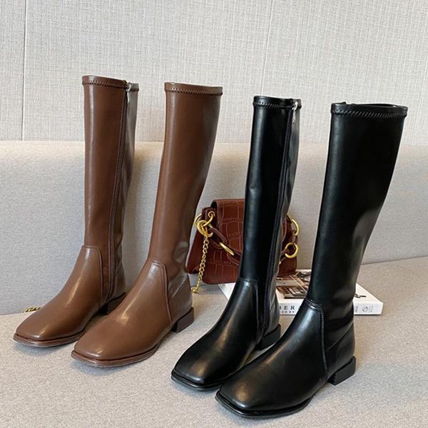 women boots knee high square toe ladies booties fashion zipper thick heel female winter shoes causal knight woman boots shoes, Black