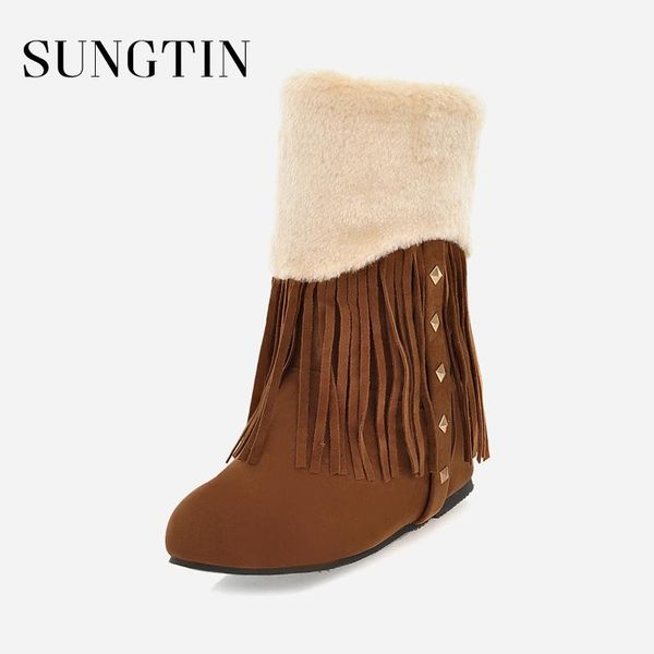 sungtin women winter plush warm snow boots woman suede fashion rivet tassel short boots ladies casual plus size flat booties, Black 
sungtin women winter plush warm snow boots woman suede fashion rivet tassel short boots ladies casual plus size flat booties, Black