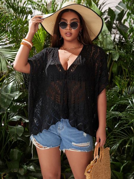 plus plain hollow out crochet cover up w2u3#, Black