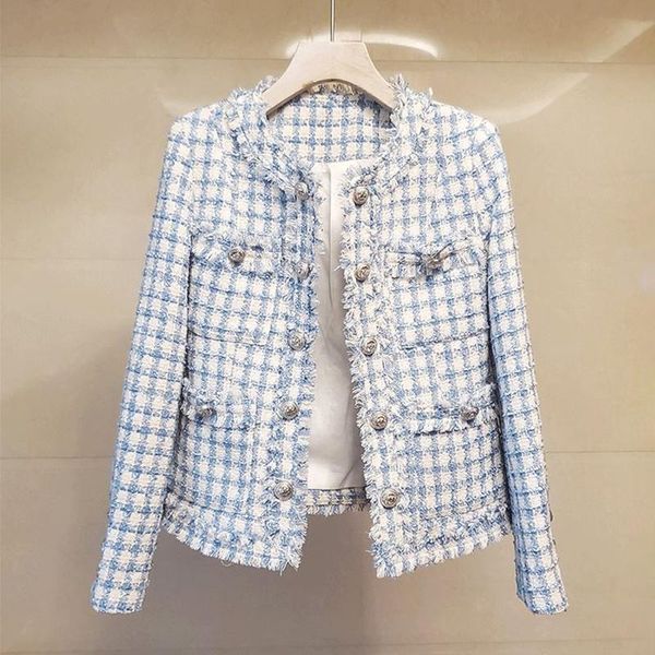 tassel plaid tweed jackets women o-neck double buttons luxury elegant wool coats office lady autumn winter outwear loose b355, Black;brown