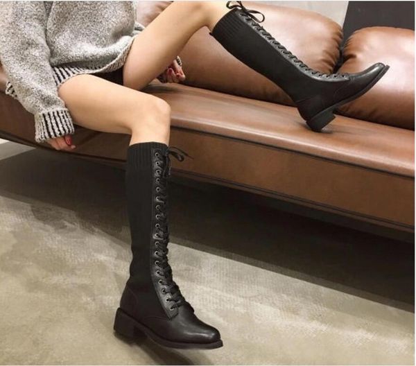 2020 autumn and winter new women's boots black high tube leather cloth stitching round toe thick heel knight boots but knee boots
2020 autumn and winter new women's boots black high tube leather cloth stitching round toe thick heel knight boots but knee boots