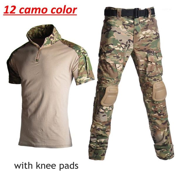 hunting sets tactical uniform army camouflage training suit short sleeve t shirts + pants clothing with knee pads1, Camo 
hunting sets tactical uniform army camouflage training suit short sleeve t shirts + pants clothing with knee pads1, Camo