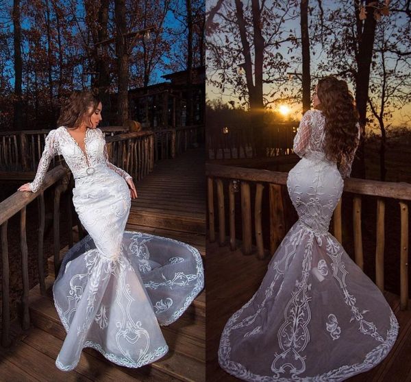 2021 long sleeves mermaid wedding dresses deep v neck sweep train embroidery custom made wedding bridal gown vestido de novia, White
2021 long sleeves mermaid wedding dresses deep v neck sweep train embroidery custom made wedding bridal gown vestido de novia, White