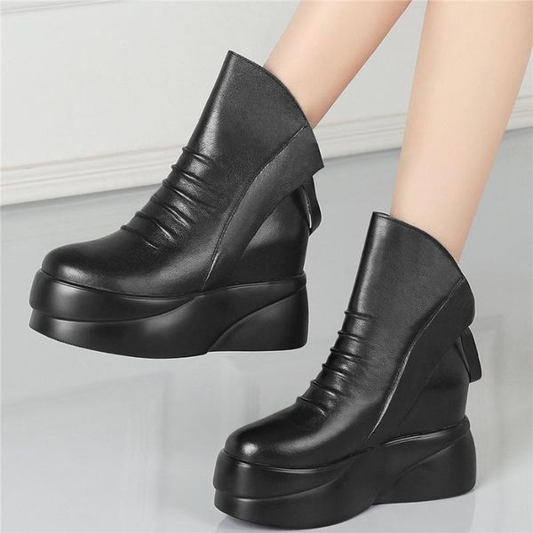 2020 women pleated genuine leather wedges high heel ankle boots female high round toe platform fashion sneakers casual shoes, Black
2020 women pleated genuine leather wedges high heel ankle boots female high round toe platform fashion sneakers casual shoes, Black