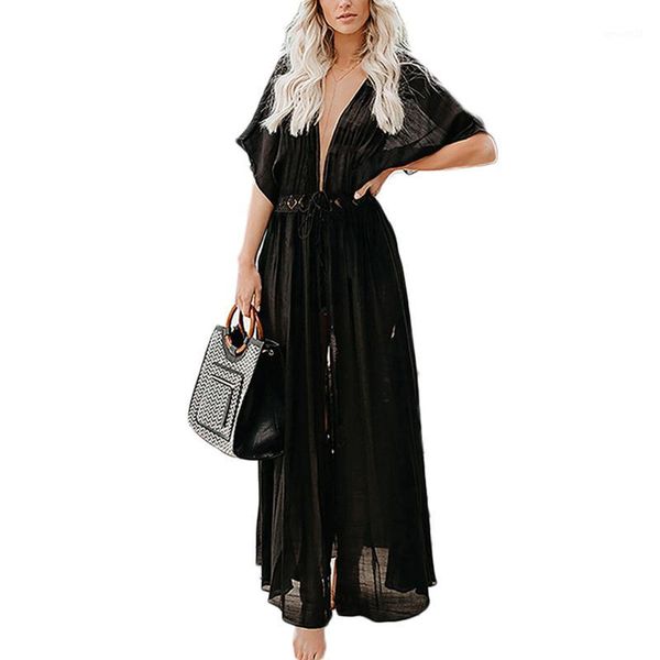 women's swimwear lace perspective v-neck cotton short sleeve loose long dresses ladies plus size1, White;black
women's swimwear lace perspective v-neck cotton short sleeve loose long dresses ladies plus size1, White;black