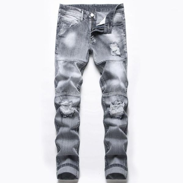 ripped jeans men spliced bleached hole straight slim gray solid color washed full length denim trousers wild male1, Blue
ripped jeans men spliced bleached hole straight slim gray solid color washed full length denim trousers wild male1, Blue