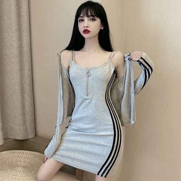 xismp korean casual fashion suit women's v-neck hip-wrapped sling zipper dress small style dress sling coat cardigan coat two-piece set, Gray
xismp korean casual fashion suit women's v-neck hip-wrapped sling zipper dress small style dress sling coat cardigan coat two-piece set, Gray