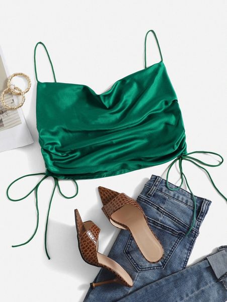 cowl neck drawstring side satin cami i6f3#, White
cowl neck drawstring side satin cami i6f3#, White