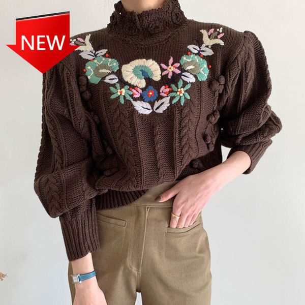 design hemp pattern loose lantern sleeve sweater korean chic autumn and winter retro high collar embroidery h1211, White;black
design hemp pattern loose lantern sleeve sweater korean chic autumn and winter retro high collar embroidery h1211, White;black