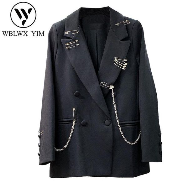 women's suits & blazers black blazer jacket women fashion iron chain decoration loose suit female spring lapel double breasted coat, White;black
women's suits & blazers black blazer jacket women fashion iron chain decoration loose suit female spring lapel double breasted coat, White;black