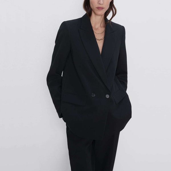 autumn and winter women's blazer jacket casual solid color double-breasted pocket decorative coat 201114, White;black
autumn and winter women's blazer jacket casual solid color double-breasted pocket decorative coat 201114, White;black