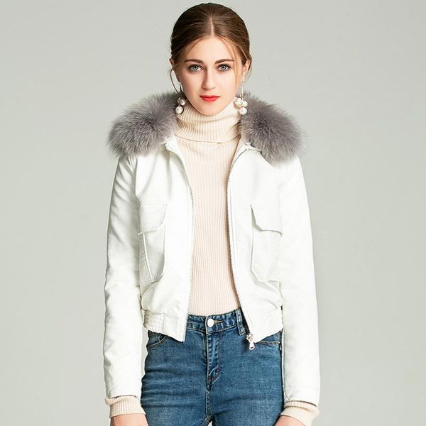 women's leather & faux winter fur collar neck jacket long sleeve elegant short style women female clothing streetwear, Black
women's leather & faux winter fur collar neck jacket long sleeve elegant short style women female clothing streetwear, Black