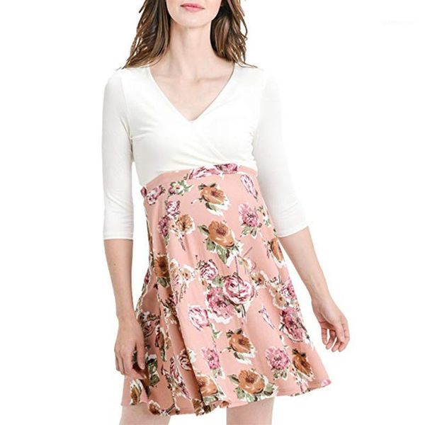 patpat nursing v-neck white stitching print dress1