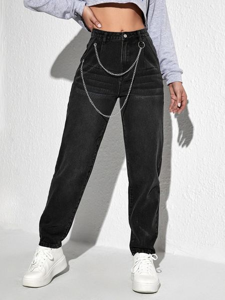 high waist chain detail mom jeans m5om#, Blue
high waist chain detail mom jeans m5om#, Blue