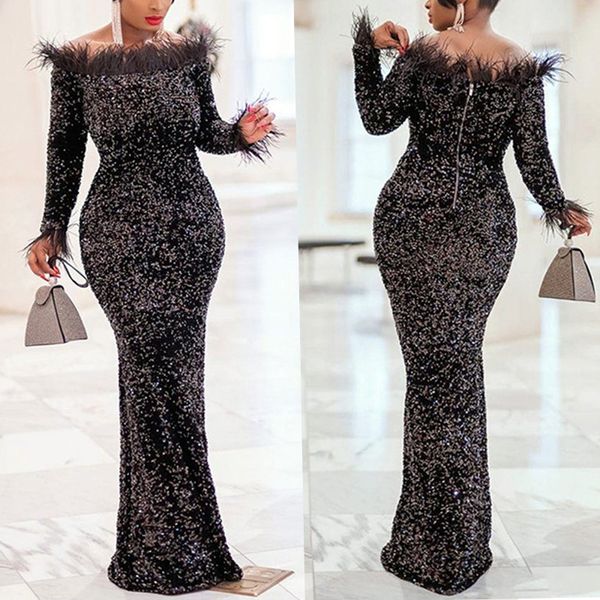 sequin glitter bodycon black dress women off shoulder long dress elegant lady feather shiny dress evening party vestidos, Black;gray
sequin glitter bodycon black dress women off shoulder long dress elegant lady feather shiny dress evening party vestidos, Black;gray