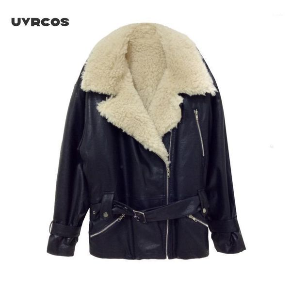 uvrcos autumn winter temperament turn down collar coats zipper with belt women loose lamb hair fur jacket1, Black 
uvrcos autumn winter temperament turn down collar coats zipper with belt women loose lamb hair fur jacket1, Black