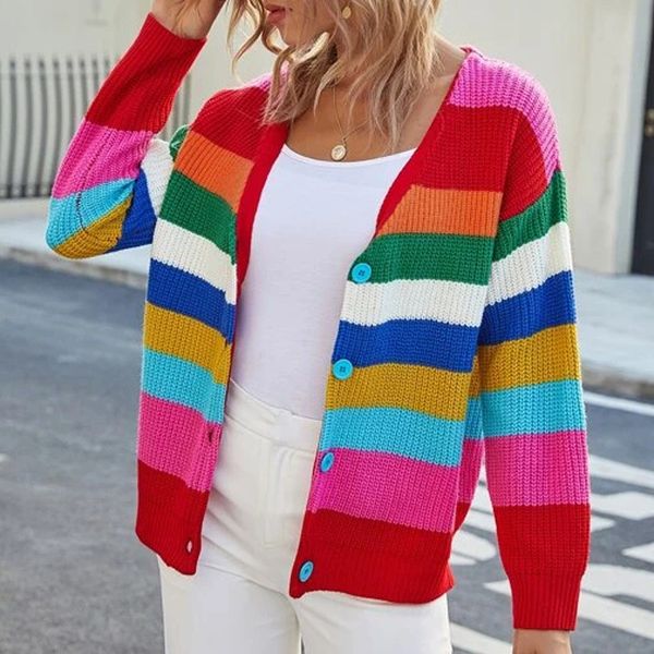 autumn and winter new style v-neck striped knitted cardigan long sleeve sweater coat, White;black
autumn and winter new style v-neck striped knitted cardigan long sleeve sweater coat, White;black