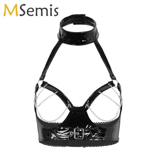 women lingerie bra nightwear wet look pu leather halter neck hollow out bust with metal chain tassel bra crop, Red;black
women lingerie bra nightwear wet look pu leather halter neck hollow out bust with metal chain tassel bra crop, Red;black