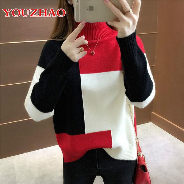 women's sweaters autumn and winter high neck contrast sweater women loose plus velvet thick all-match top, White;black
women's sweaters autumn and winter high neck contrast sweater women loose plus velvet thick all-match top, White;black