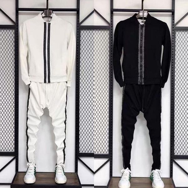 european and american autumn new casual long-sleeved trousers suit men's fashion sports suit slim and comfortable two-piece, White;black
european and american autumn new casual long-sleeved trousers suit men's fashion sports suit slim and comfortable two-piece, White;black