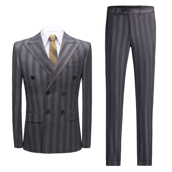 slim business casual wedding bridegroom suit three piece suit men's new grey stripe double breasted suit for foreign trade, Black;gray
