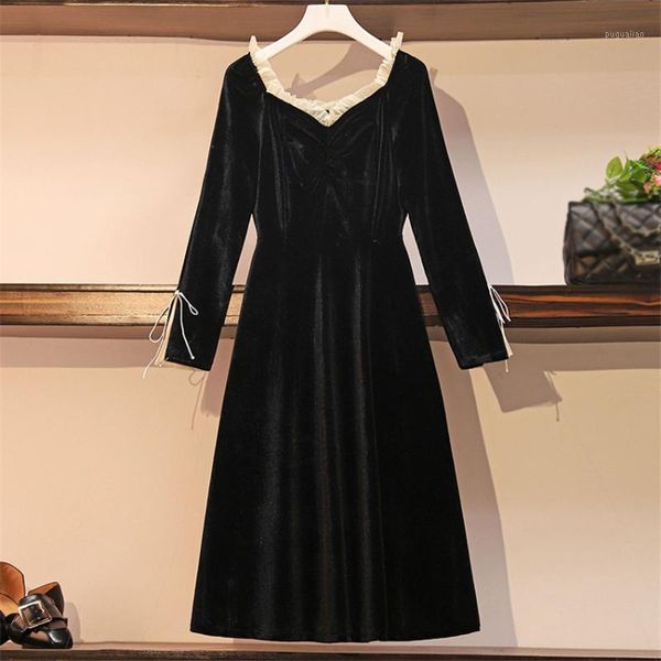 2020 new autumn winter velvet dress women french style vintage midi-calf dress ruffle neck casual plus size dresses vestidos1, Black;gray
2020 new autumn winter velvet dress women french style vintage midi-calf dress ruffle neck casual plus size dresses vestidos1, Black;gray