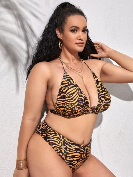 plus tiger print ring linked halter bikini swimsuit 99y7#, Black
plus tiger print ring linked halter bikini swimsuit 99y7#, Black